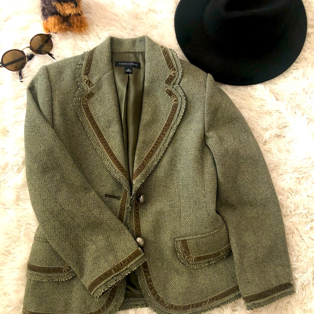 Banana Republic Wool Herringbone Velvet Trim Blzr